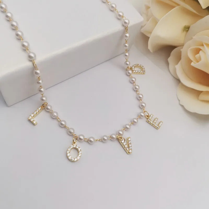 Personalised Pearl Name Necklace with 9mm Zircon Letter Dangle