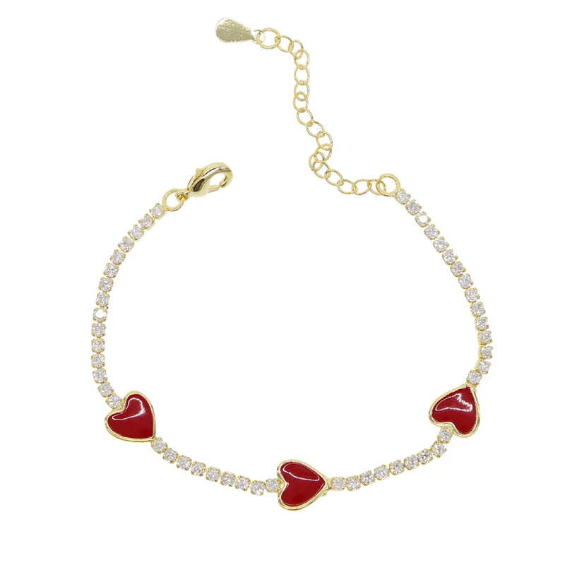 Enamel Heart Charm CZ Tennis Chain Bracelet Bangle For Lover Women