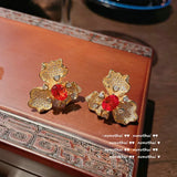 Big Flower Petal Silver Earrings Red CZ Stone Wedding Party Crystal Jewelry