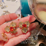 Big Flower Petal Silver Earrings Red CZ Stone Wedding Party Crystal Jewelry