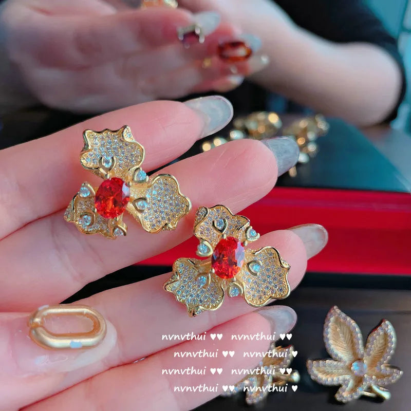 Big Flower Petal Silver Earrings Red CZ Stone Wedding Party Crystal Jewelry