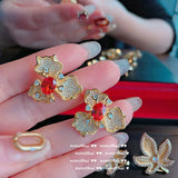 Big Flower Petal Silver Earrings Red CZ Stone Wedding Party Crystal Jewelry