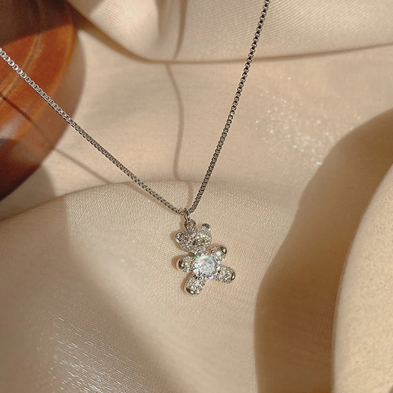 CZ Tiny Bear Necklace Micro Inlaid Zircon Clavicle Chain Gift