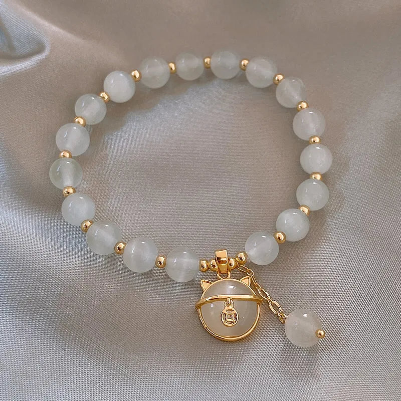 Coin Cat Pendant Opals Beaded Charm Bracelet Jewelry For Women
