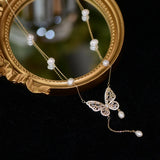 Butterfly Charm Pendant Necklace 14K Plated Chain Pearl Beads