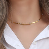 Zircon Stone Herringbone Chain Choker Necklace Stainless Steel 18K