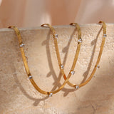Zircon Stone Herringbone Chain Choker Necklace Stainless Steel 18K