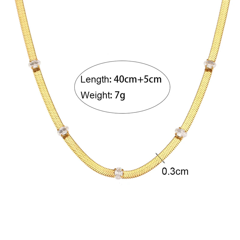 Zircon Stone Herringbone Chain Choker Necklace Stainless Steel 18K