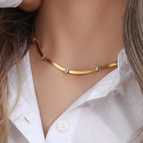 Zircon Stone Herringbone Chain Choker Necklace Stainless Steel 18K