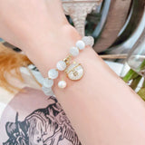 Opal Beaded Charm Bracelet with Cat Pendant - Woman's Jewelry
