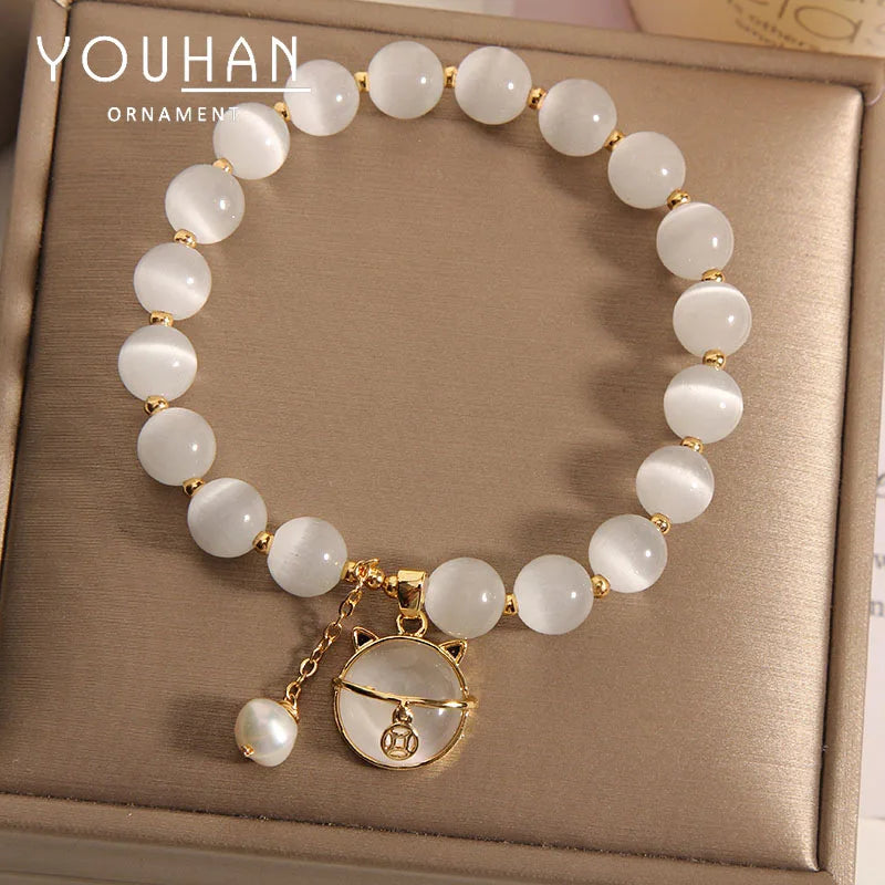 Opal Beaded Charm Bracelet with Cat Pendant - Woman's Jewelry