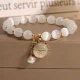 Opal Beaded Charm Bracelet with Cat Pendant - Woman's Jewelry