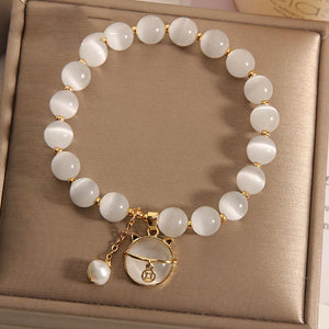 Opal Beaded Charm Bracelet with Cat Pendant - Woman's Jewelry