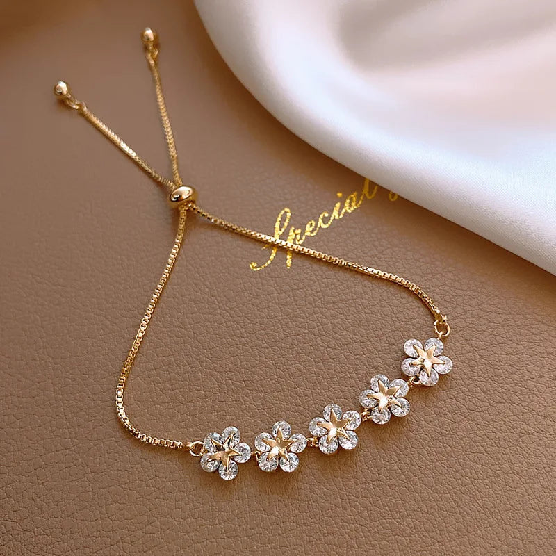 CZ Flowers Pendant Charm Bracelet Metal Floral Wedding Jewelry