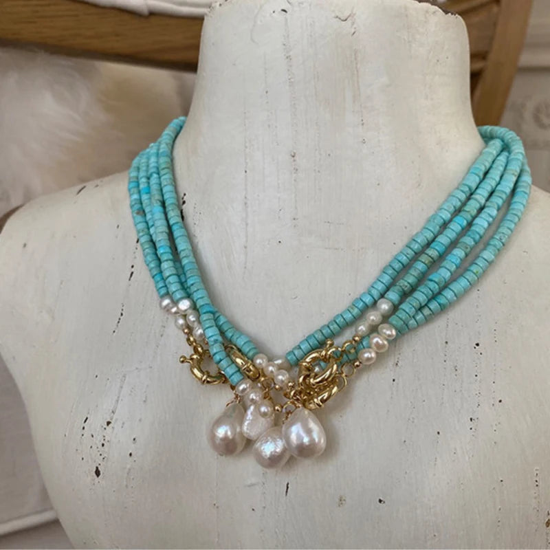 Natural Turquoise Freshwater Pearl Pendant Necklace Fine Jewelry