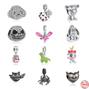 Dinosaur Spider Bead Dog Dangle Charms Bracelet 925 Silver Jewelry
