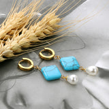 Turquoise Pearl Dangle Hoop Earrings for Women