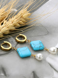 Turquoise Pearl Dangle Hoop Earrings for Women