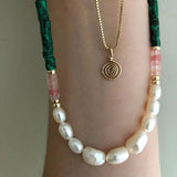 Freshwater Pearl Necklace Green Stone Choker