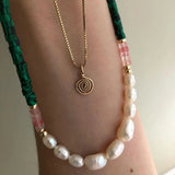 Freshwater Pearl Necklace Green Stone Choker