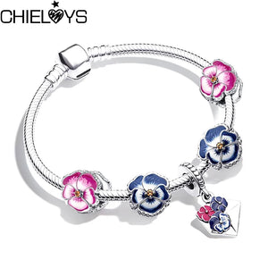 Enamel Flower Beads Charm Bracelet with Silver Snake Chain for Women