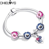 Enamel Flower Beads Charm Bracelet with Silver Snake Chain for Women