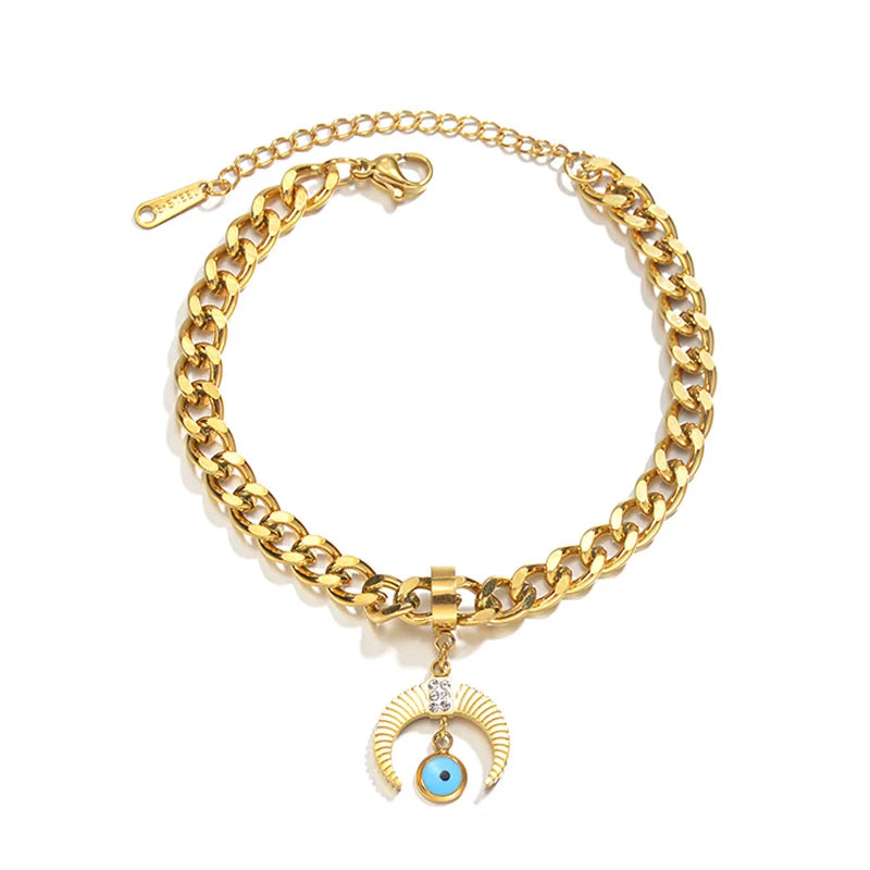Evil Eye Charm Chain Bangle Bracelet Stainless Steel Jewelry Horns Crescent