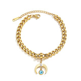 Evil Eye Charm Chain Bangle Bracelet Stainless Steel Jewelry Horns Crescent