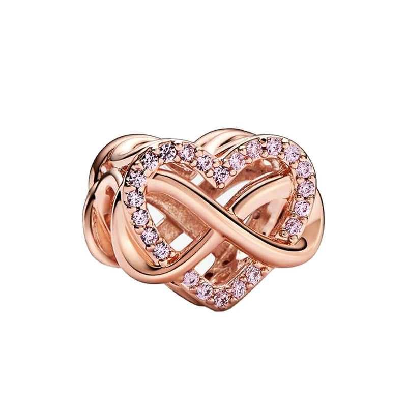 Family Infinity Pink Heart Charm 925 Sterling Silver Beads Bracelet DIY Jewelry