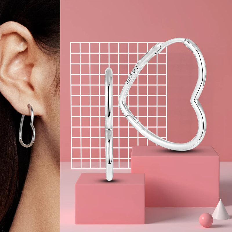 925 Silver Heart Hoop Earrings Asymmetrical Design Jewelry Gift