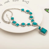 Turquoise Necklace Retro Rhombus Round Geometric Necklace Holiday