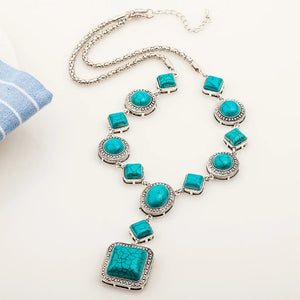 Turquoise Necklace Retro Rhombus Round Geometric Necklace Holiday
