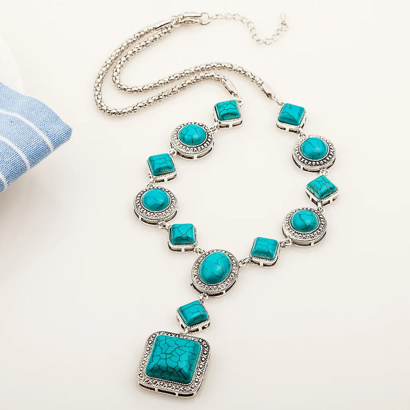 Turquoise Necklace Retro Rhombus Round Geometric Necklace Holiday