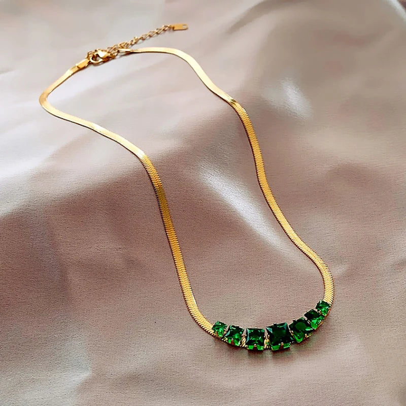 Green Crystal Stainless Steel Necklace Women Snake Chain Choker