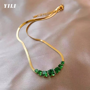 Green Crystal Stainless Steel Necklace Women Snake Chain Choker