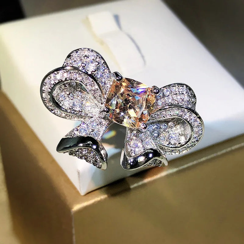 Silver Zircon Bowknot Finger Ring Crystal Lover Party Accessories