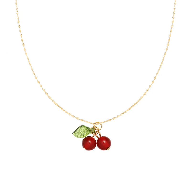 Red Carnelian Cherry Pendant Necklace Plated Clavicle Chain Gift