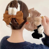 Large Bow Plush Hair Clip for Women Autumn Winter Shark Clip Hair Accessories