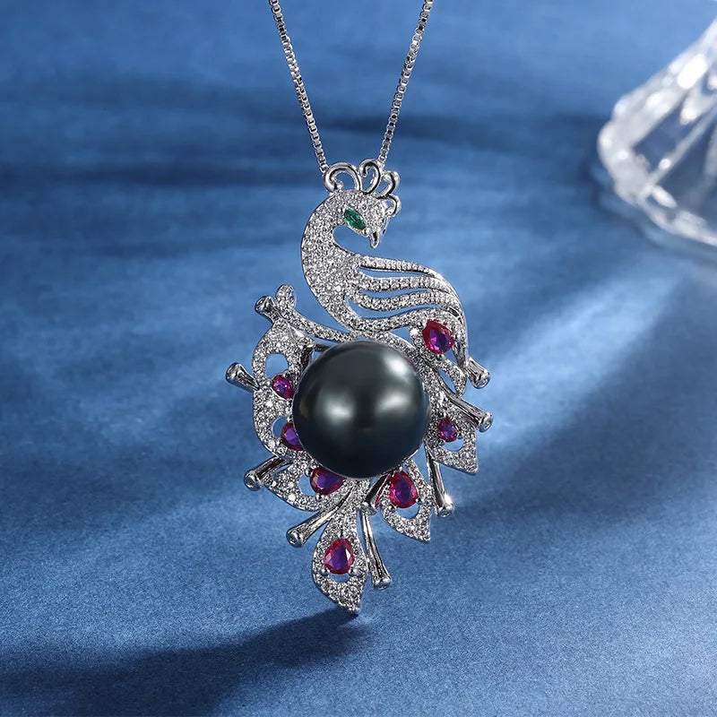 Peacock Bird Tahitian Pearl Pendant Necklace Women's Jewelry