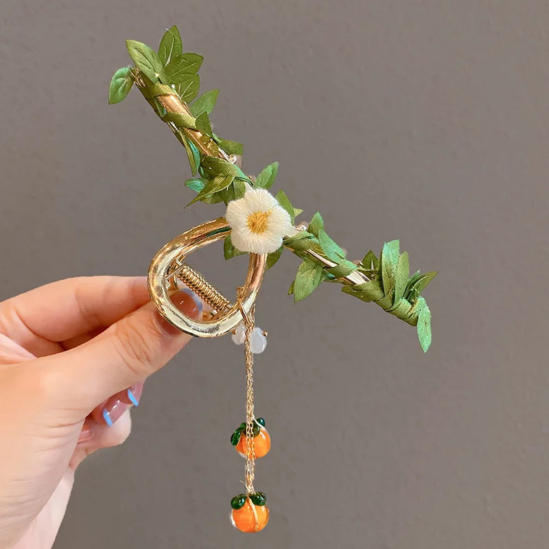 Persimmon Tassel Hair Clip Retro Flower Rattan Hairpin