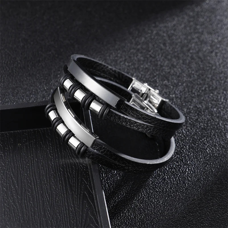 Vintage Leather Bracelet, Stainless Steel Clasp, Men's Jewelry Gift