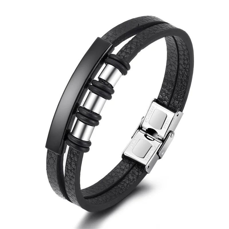 Vintage Leather Bracelet, Stainless Steel Clasp, Men's Jewelry Gift