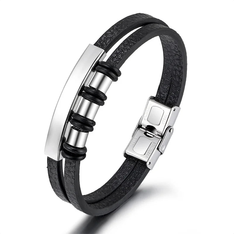 Vintage Leather Bracelet, Stainless Steel Clasp, Men's Jewelry Gift