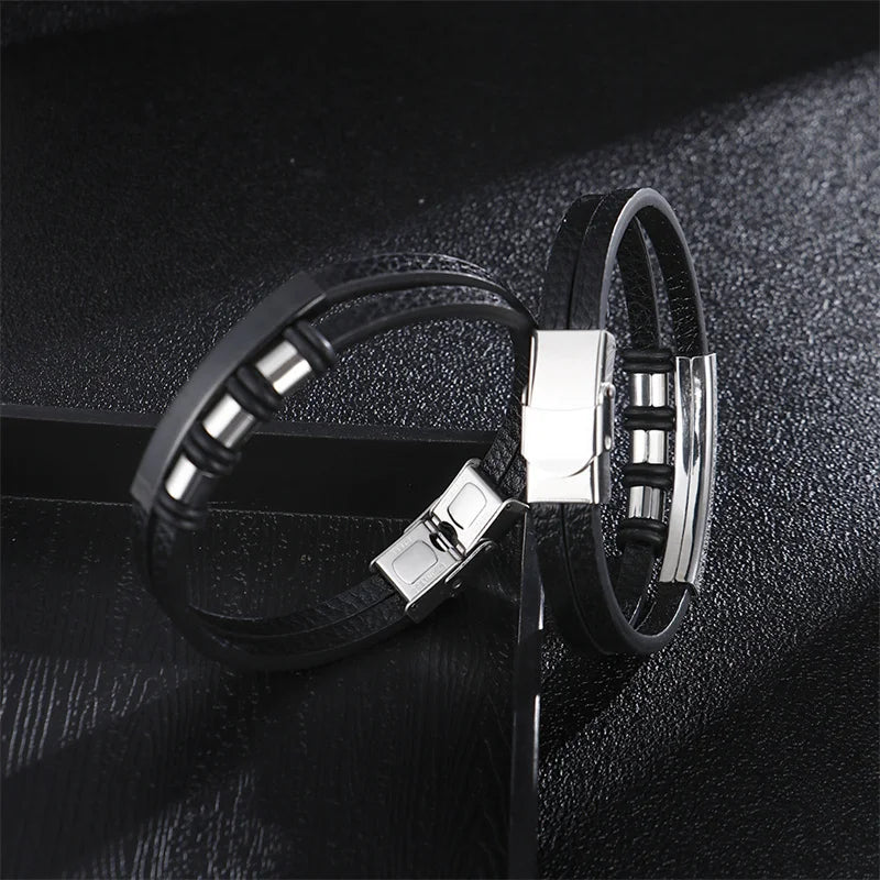 Vintage Leather Bracelet, Stainless Steel Clasp, Men's Jewelry Gift