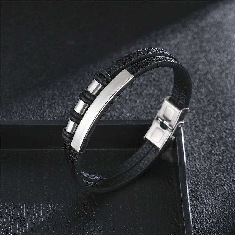 Vintage Leather Bracelet, Stainless Steel Clasp, Men's Jewelry Gift