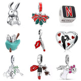 S925 Silver Charms Beads Rabbit Cat Paw Tree Lips Bracelet Diy Women Jewelry