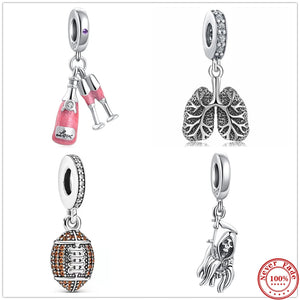 Silver 925 Lung Football Skeleton Bead Pendant Fit Bracelets DIY Fine Sterling
