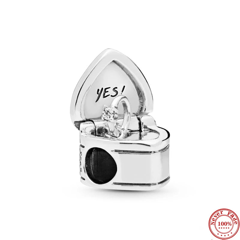 Silver 925 Ring Box Bead Pendant Fit Bracelets DIY Sterling