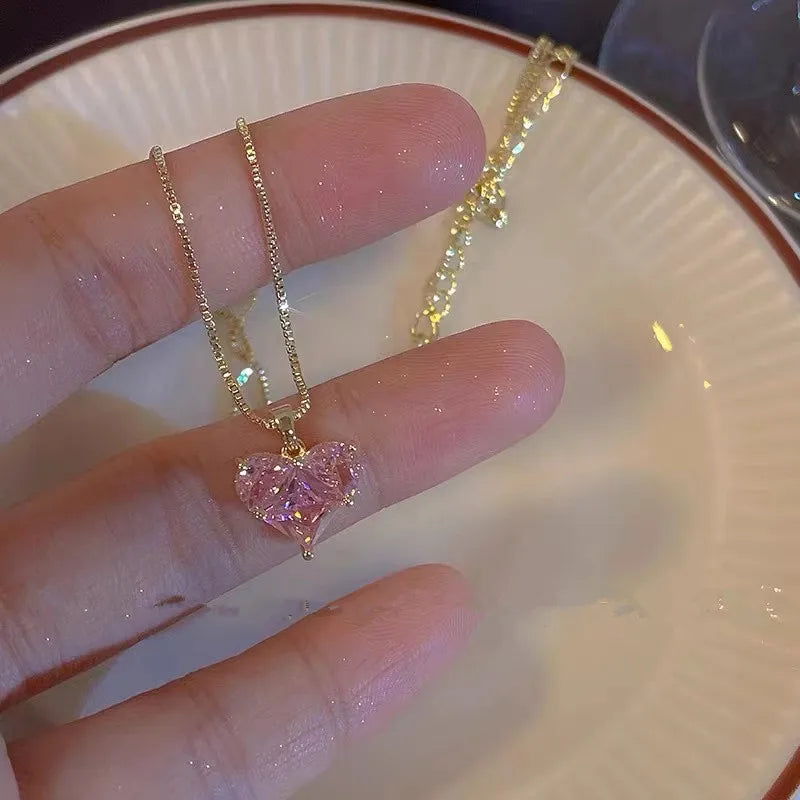 Pink Love Zircon Clavicle Necklace Women Jewelry Gift