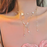 Delicate Zircon Butterfly Flower Pearl Clavicle Necklace for Women